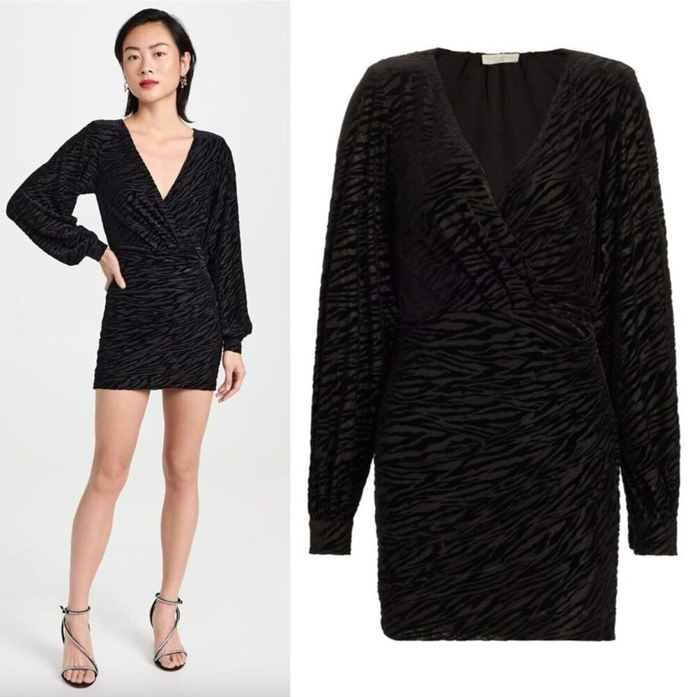 New Ramy Brook Kalani Black Zebra Print Flocked Textuted Long Sleeve Mini Dress